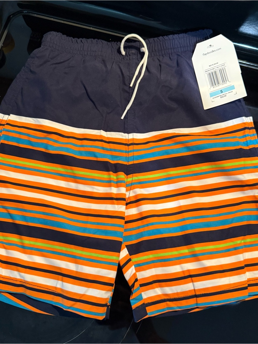 Flapdoodles Navy, Orange & Teal Striped Boys Swim Trunks size 5T NWT